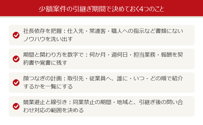 少額案件の引継ぎ期間で決めておく4つのこと