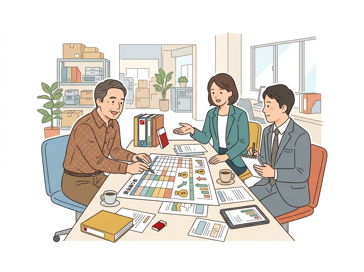 資金繰り表を広げて金融機関の担当者に説明する経営者と支援の専門家