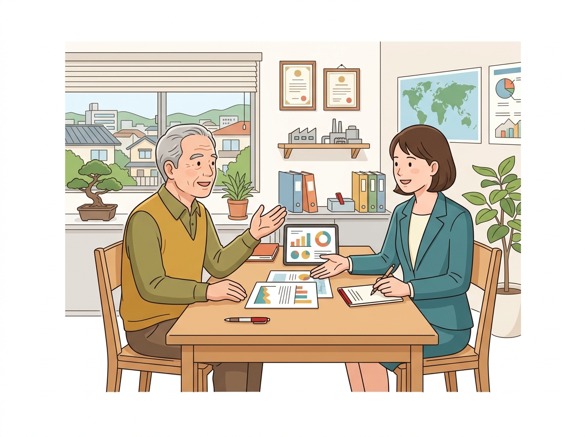 熊本の町工場の事務所で、年配の社長がM&Aについて相談員と話している様子