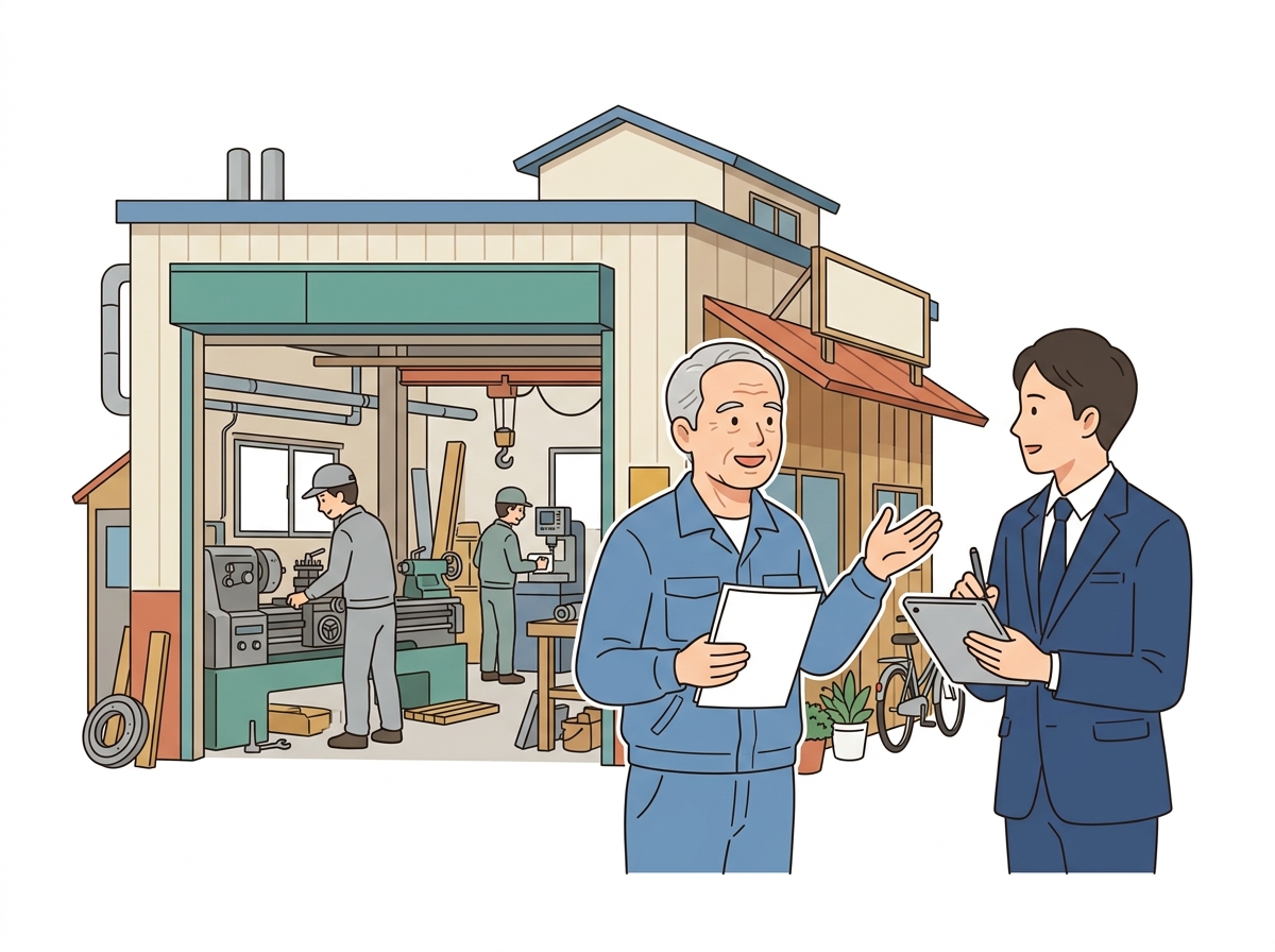 町工場の前で社長と相談員が話している様子