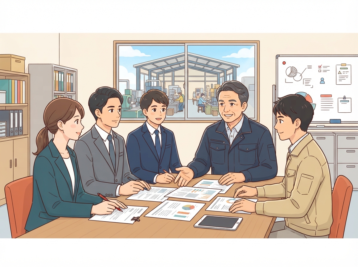 町工場の社長が銀行や相談員と再生計画を話し合う様子
