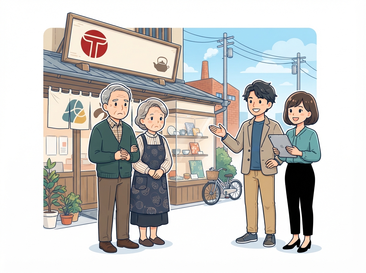閉店を考える店主夫婦に後継者候補とコンサルタントが話しかける様子