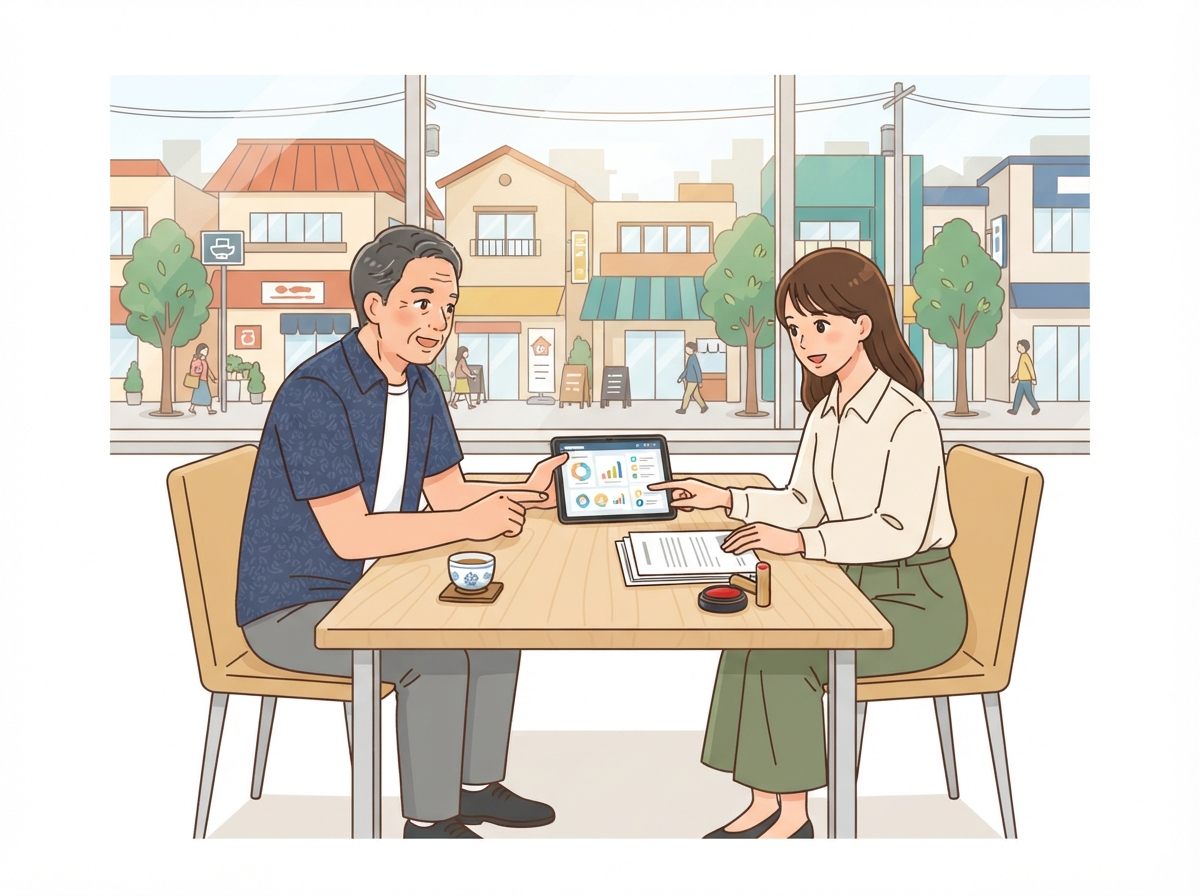 熊本の相談室で、経営者とアドバイザーが登録の有無と契約書類を一緒に確認している様子