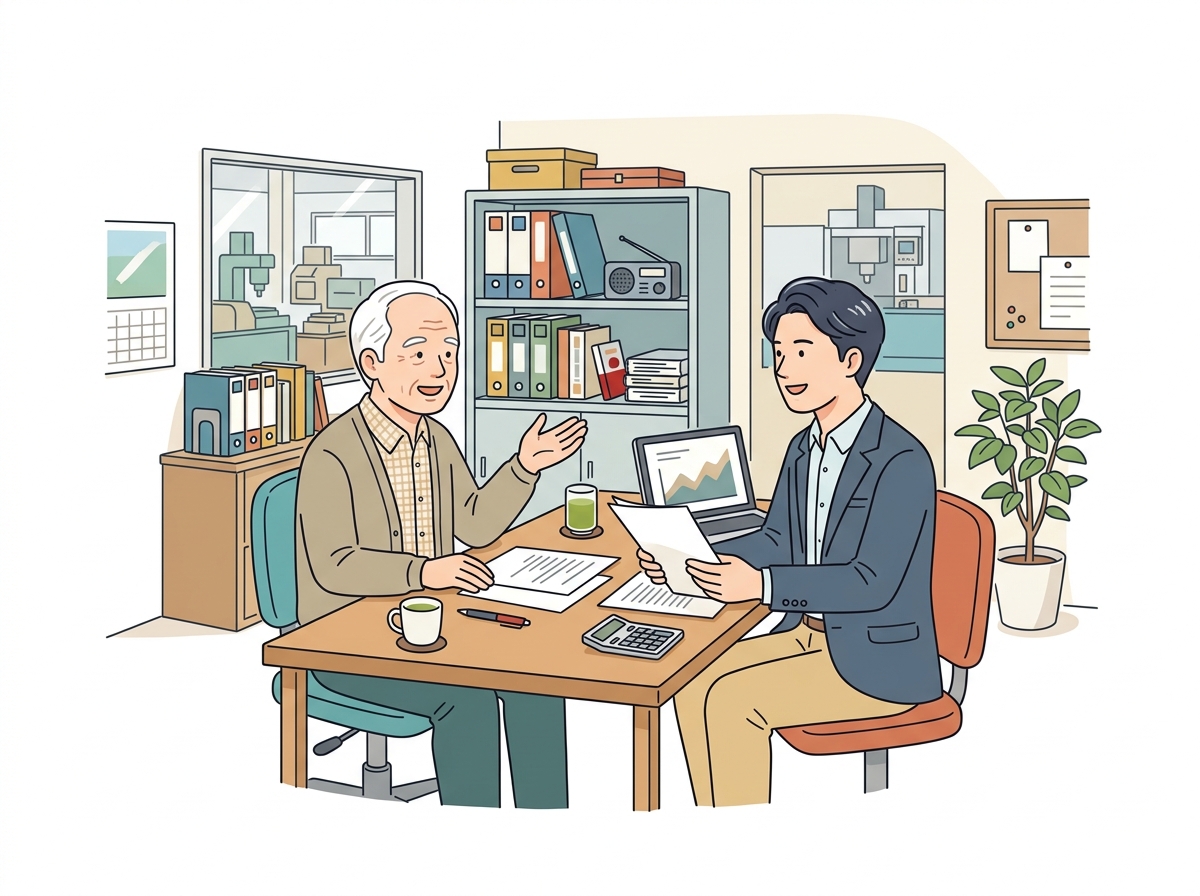 町工場の事務所で書類を見ながら向き合って話す年配の経営者と買い手候補