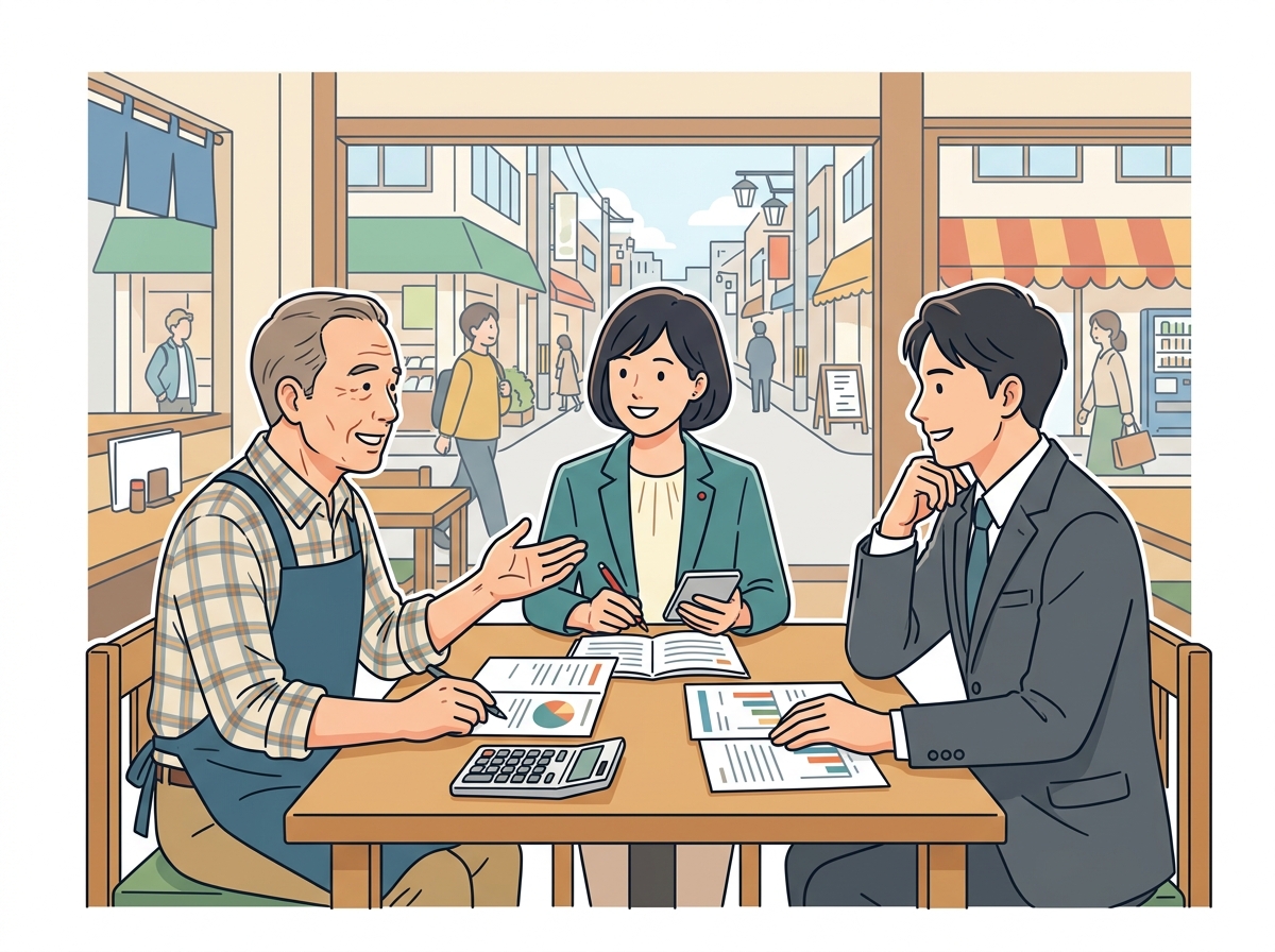 商店街の飲食店で店主と買い手、コンサルタントが売却価格について話し合う様子