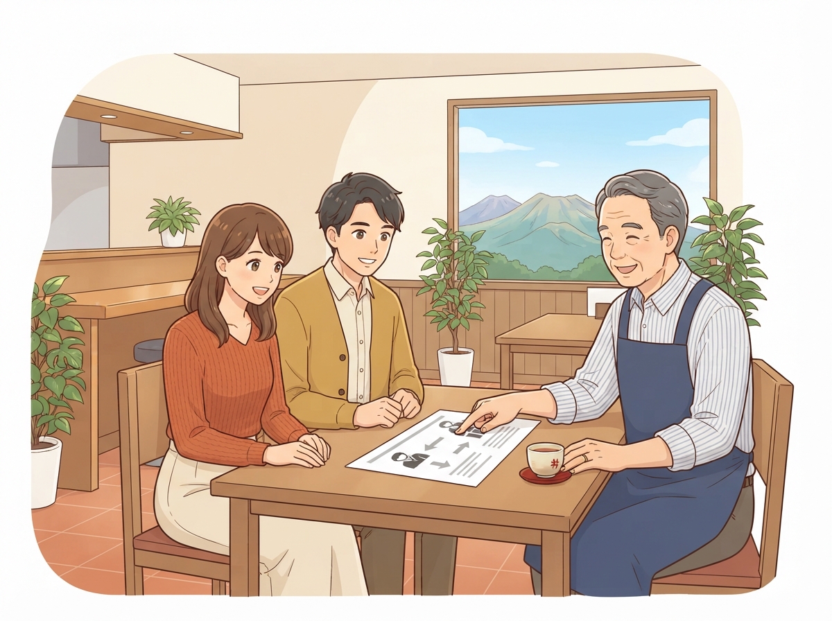 小さな食堂で店主と買い手の夫婦が引継ぎの流れを話し合う様子