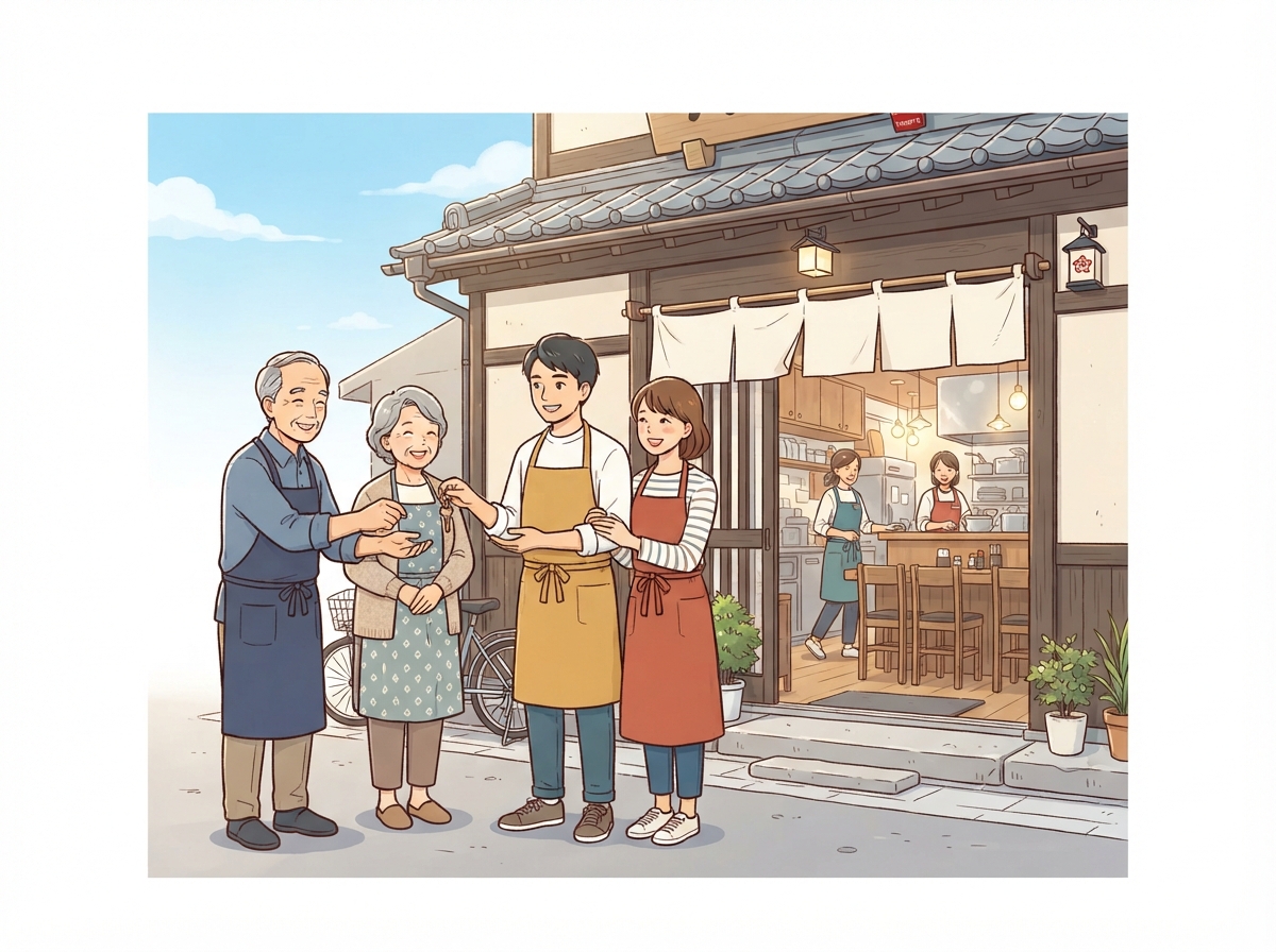 小さな飲食店を引き継ぐ若い夫婦と引退する店主夫婦のイラスト