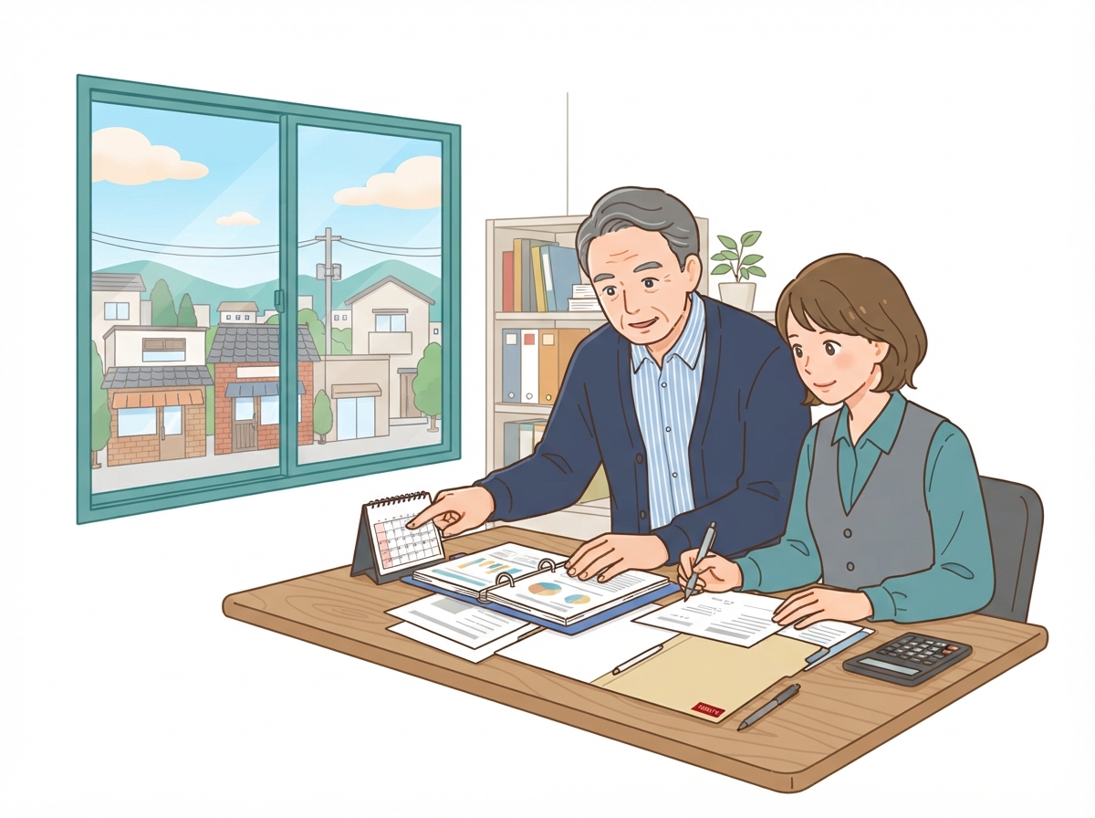 社長と経理担当者が補助金手続きのスケジュールを確認している様子