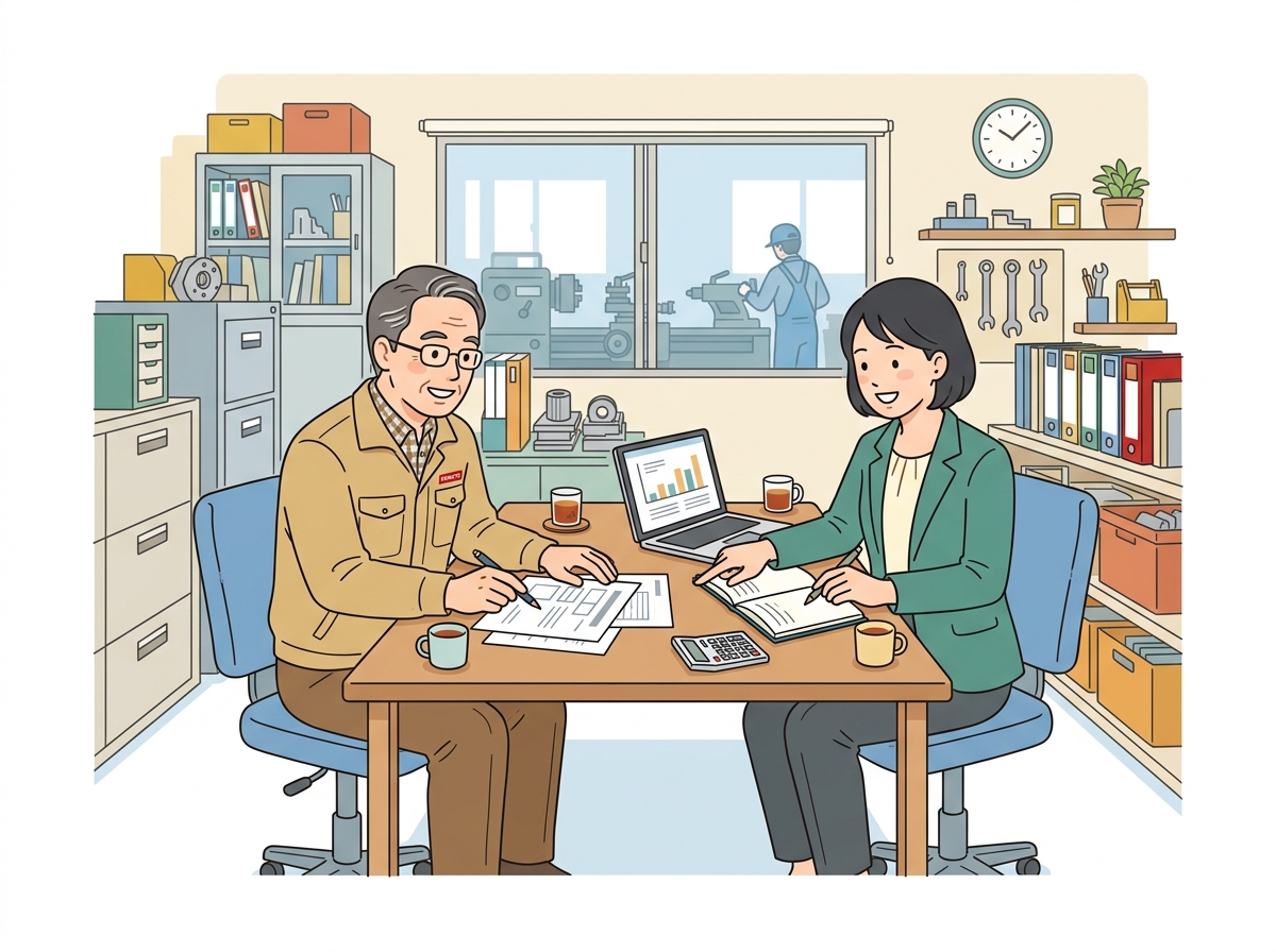 町工場の事務所で経営者とコンサルタントが資金繰りの予定を話し合う様子