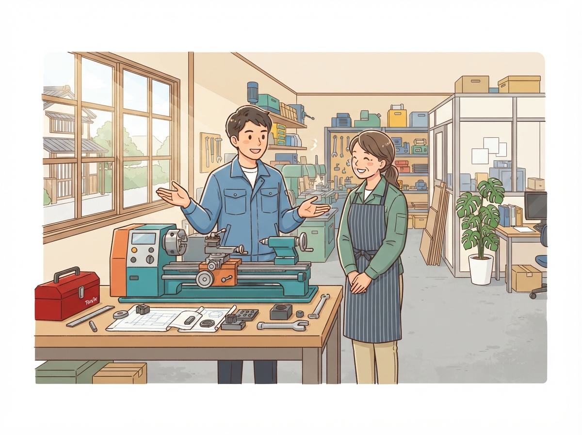 事業を引き継いだ町工場で新しい設備について話し合う経営者と従業員