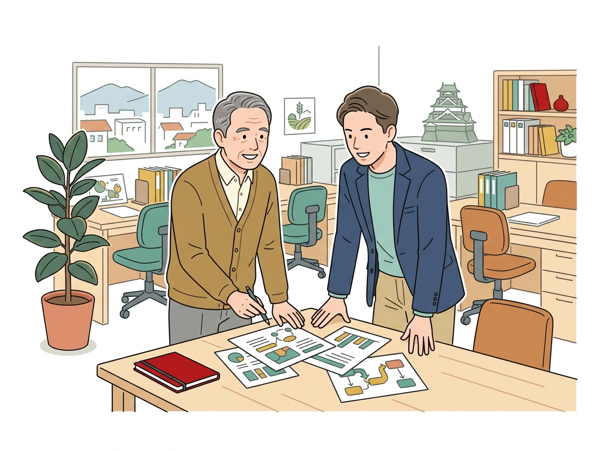 経営者と後継者が事業承継を話し合う様子