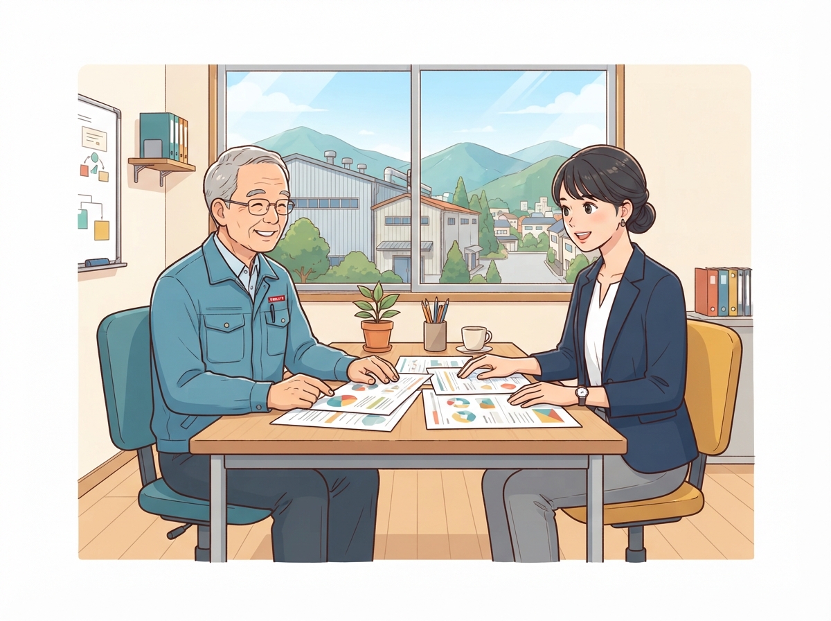 工場の事務所で社長とコンサルタントが資金繰りと承継の相談をしている様子