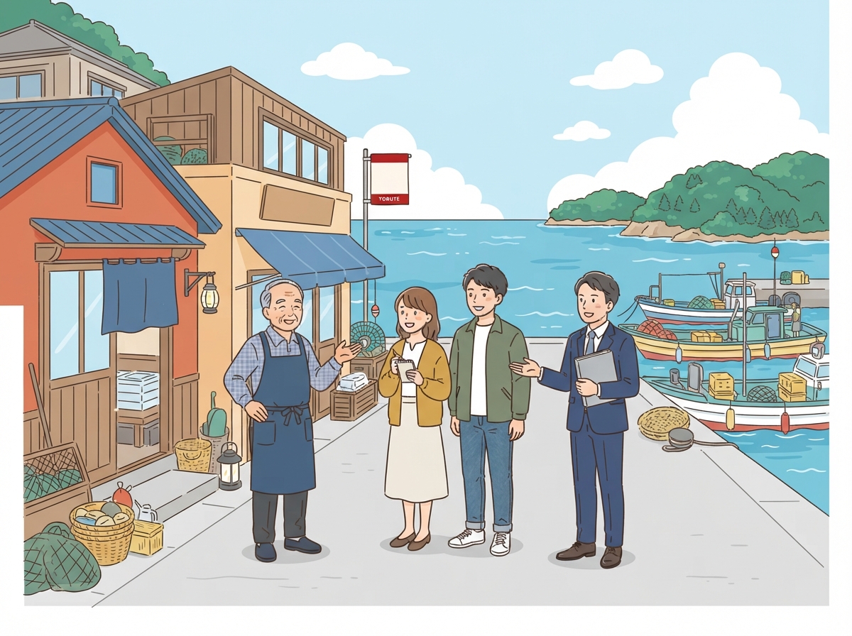 天草の港町で、店主と若い夫婦、相談員が事業の引き継ぎについて話している様子