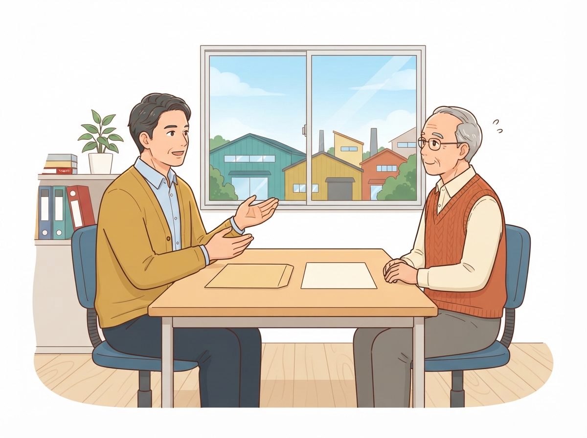 代位弁済の通知を手に、経営者が相談員と向かい合って話し合っているイラスト