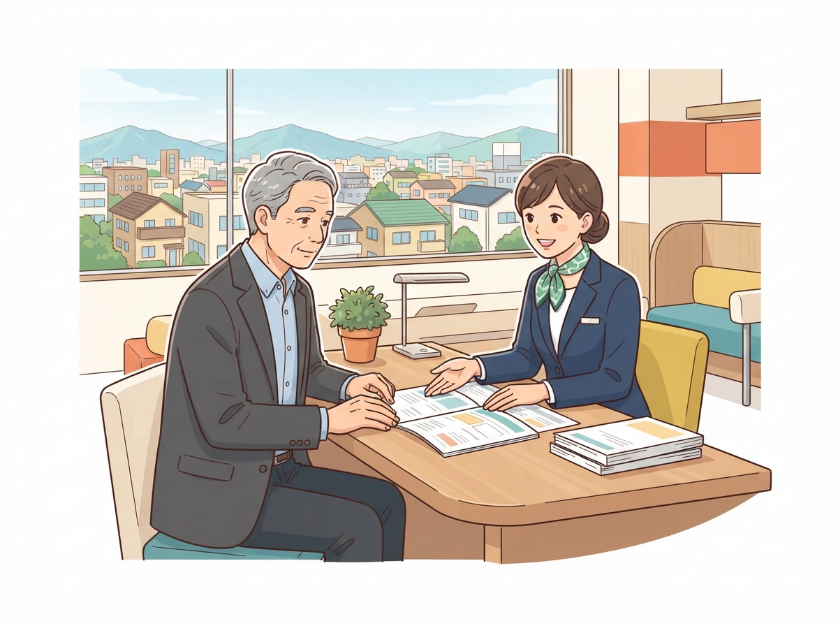 銀行の相談カウンターで担当者と話す経営者