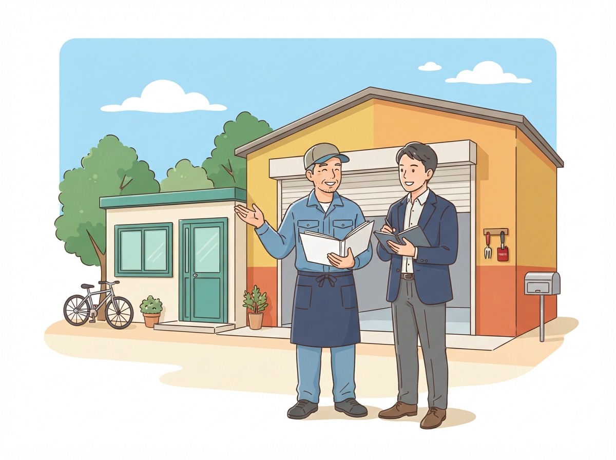 修理が終わった熊本の町工場の前で、社長と相談相手が帳簿を見ながら話し合っている様子