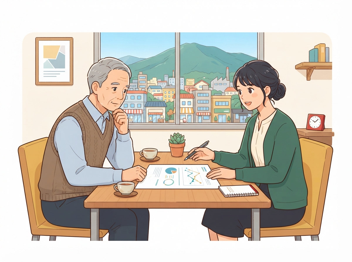 熊本の会社の応接室で、経営者が社名を伏せた資料を見ながらコンサルタントに相談している場面