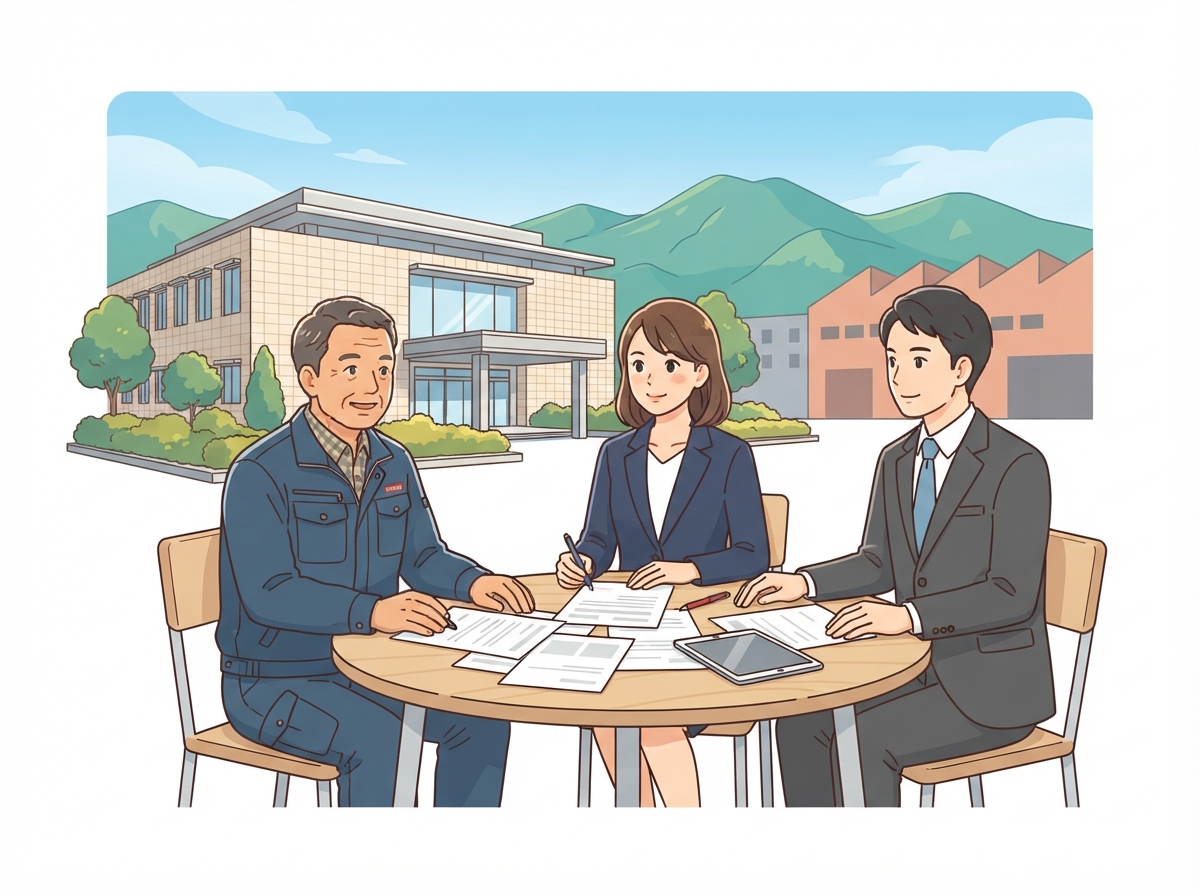 熊本の町工場の社長と弁護士、銀行員が裁判所の前で再生計画を話し合う様子