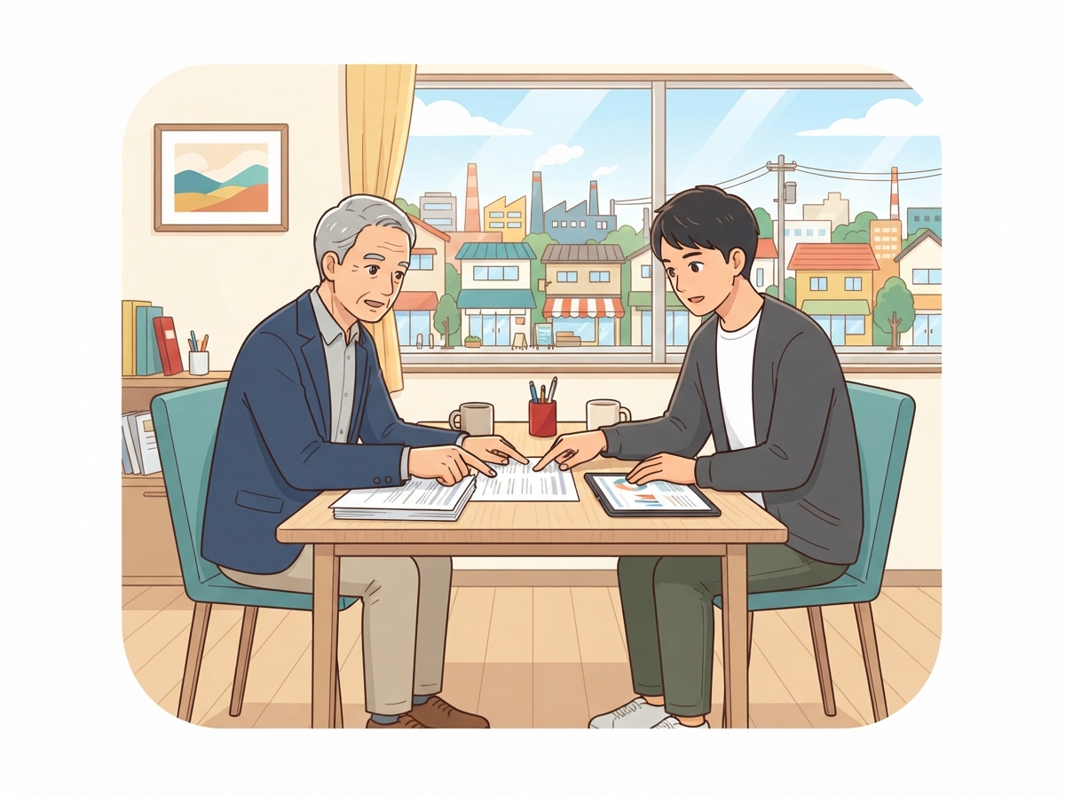 見積書を一緒に確認する経営者とアドバイザー