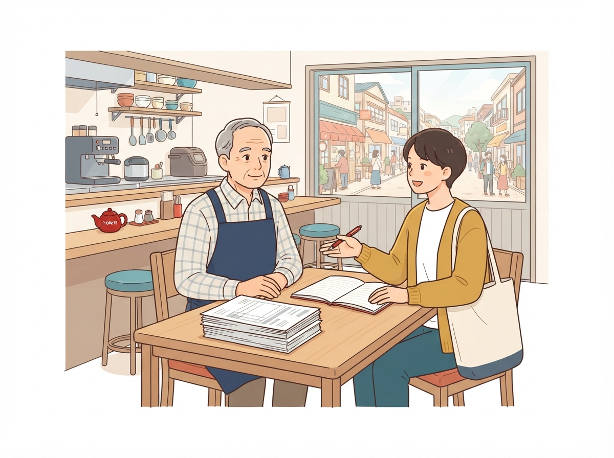 熊本の商店街の飲食店で、請求書を前に店主と相談担当者が話し合っている様子