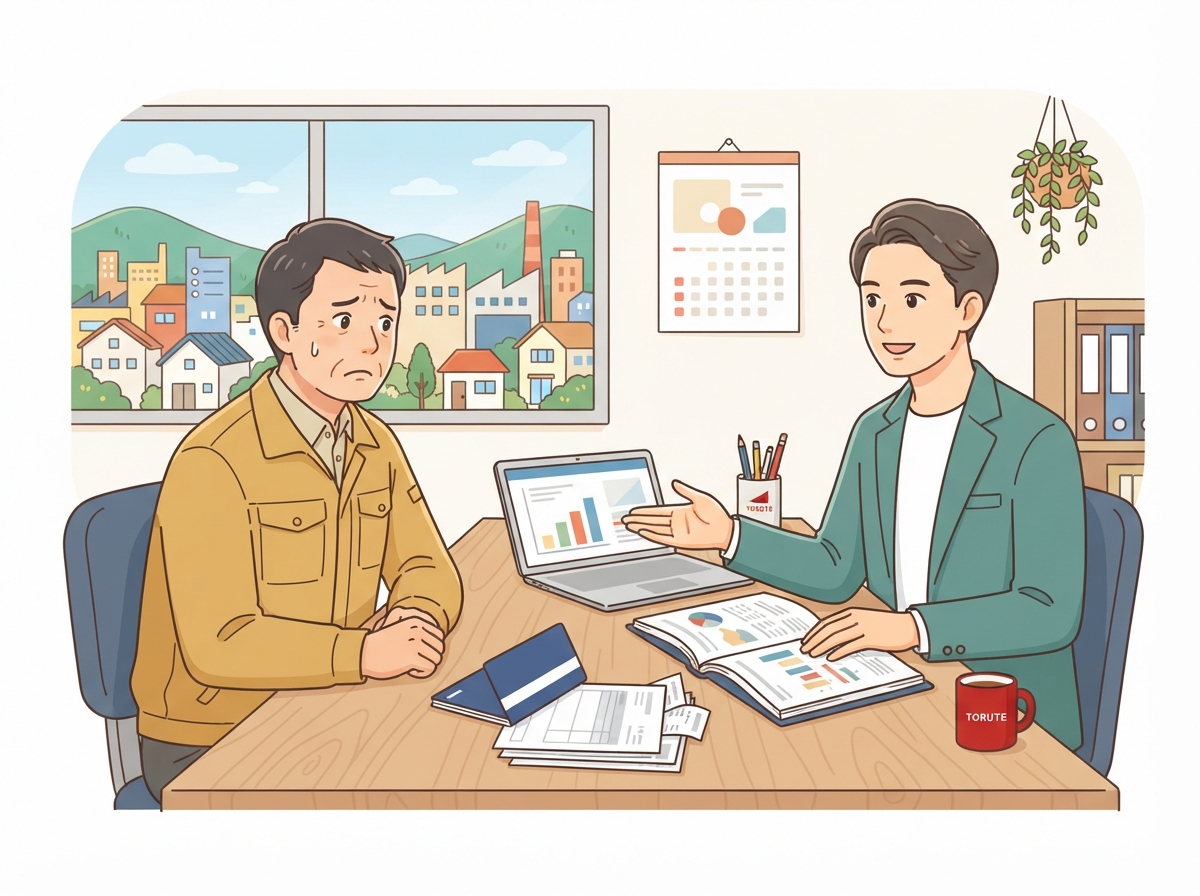 資金繰りに悩む熊本の中小企業の社長と専門家の相談風景